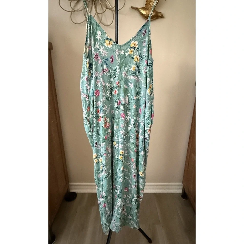 LoveStitch Floral Maxi Dress Womens S/M Boho Sleeveless‎ Green Rayon Pockets_4